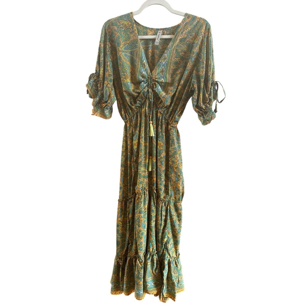 Valdior Silk Blend *Extra Small Boho Peasant Maxi Dress Green Orange Paisley